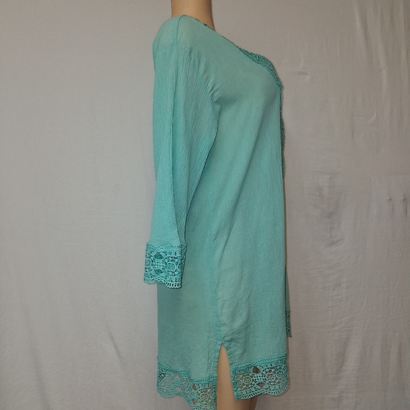 Isaac Mizrahi Teal Tunic with Pink Label Cochet Beach Cover Up SzL - Picture 7 of 17
